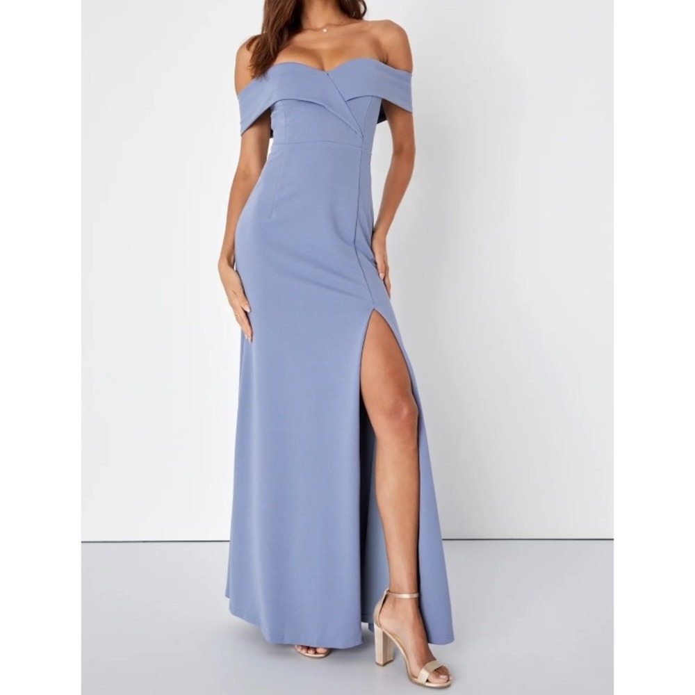 NWT LULUS Song of Love Blue Off-the-Shoulder Maxi Dress Women Size Medium Formal